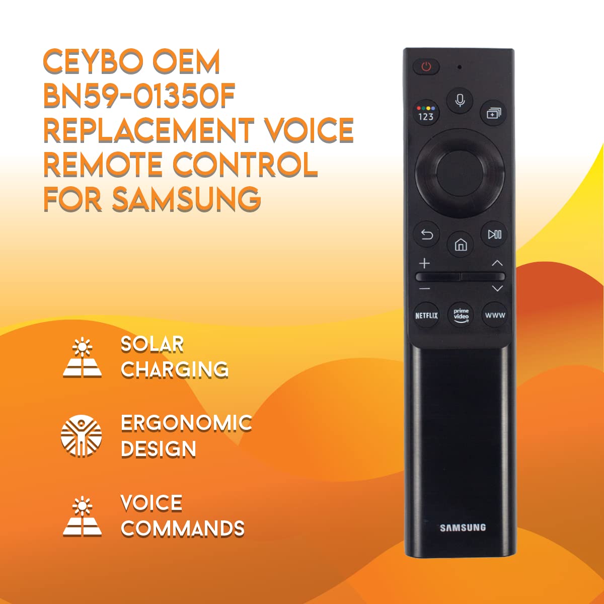 Ceybo Original Solar Voice Remote Control Replacement with YouTube Netflix Shortcut for Samsung Smart TVs, Compatible with Neo QLED 8K, QLED (BN59-01480A)