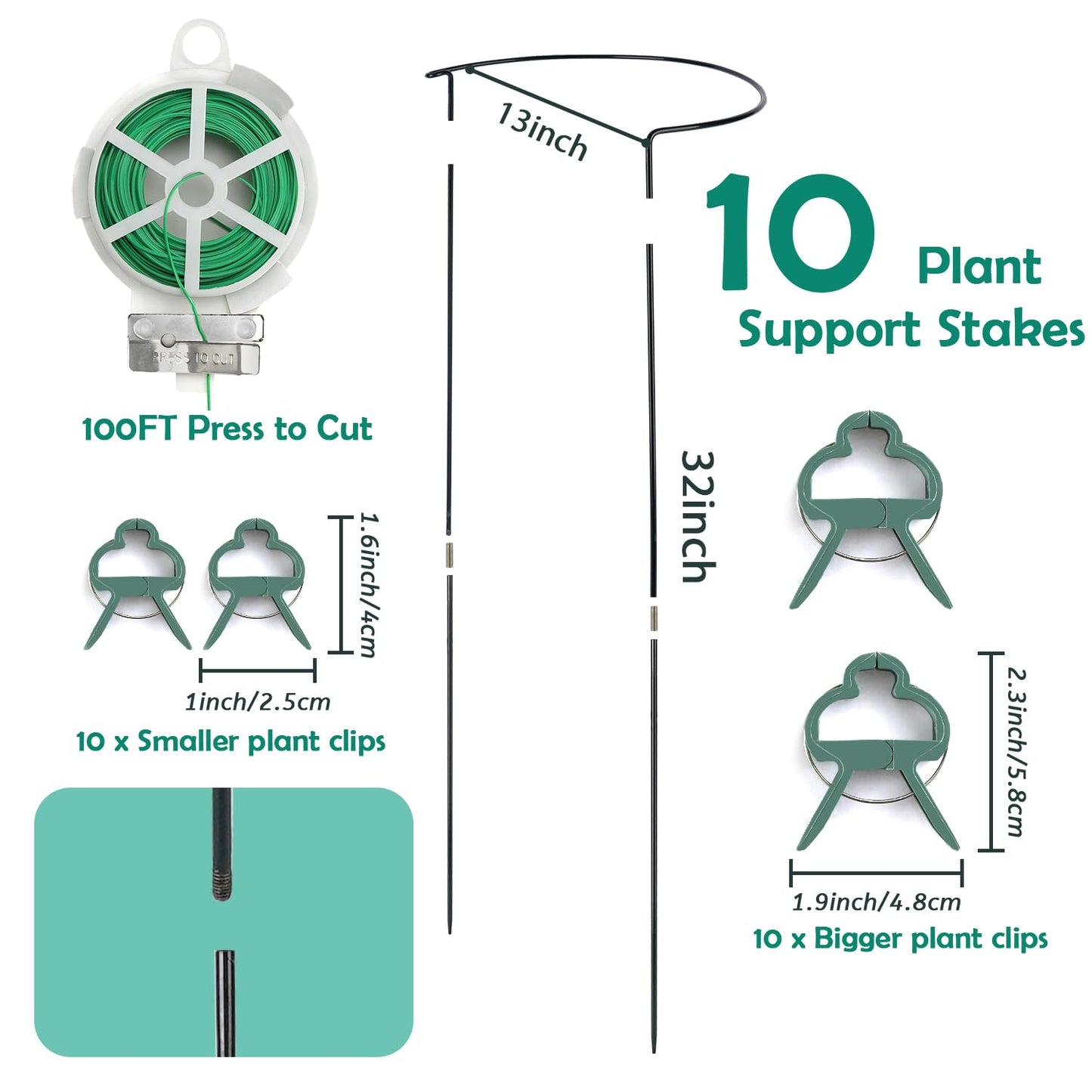 Linyona 32 inch Plant Support Stakes, 10 Pack Half Round Metal Garden Plant Stake Heavy-Duty Plant Support Ring and Cage with Plant Clip & Twist Tie for Indoor and Outdoor Plants, Vegetable, Flowers