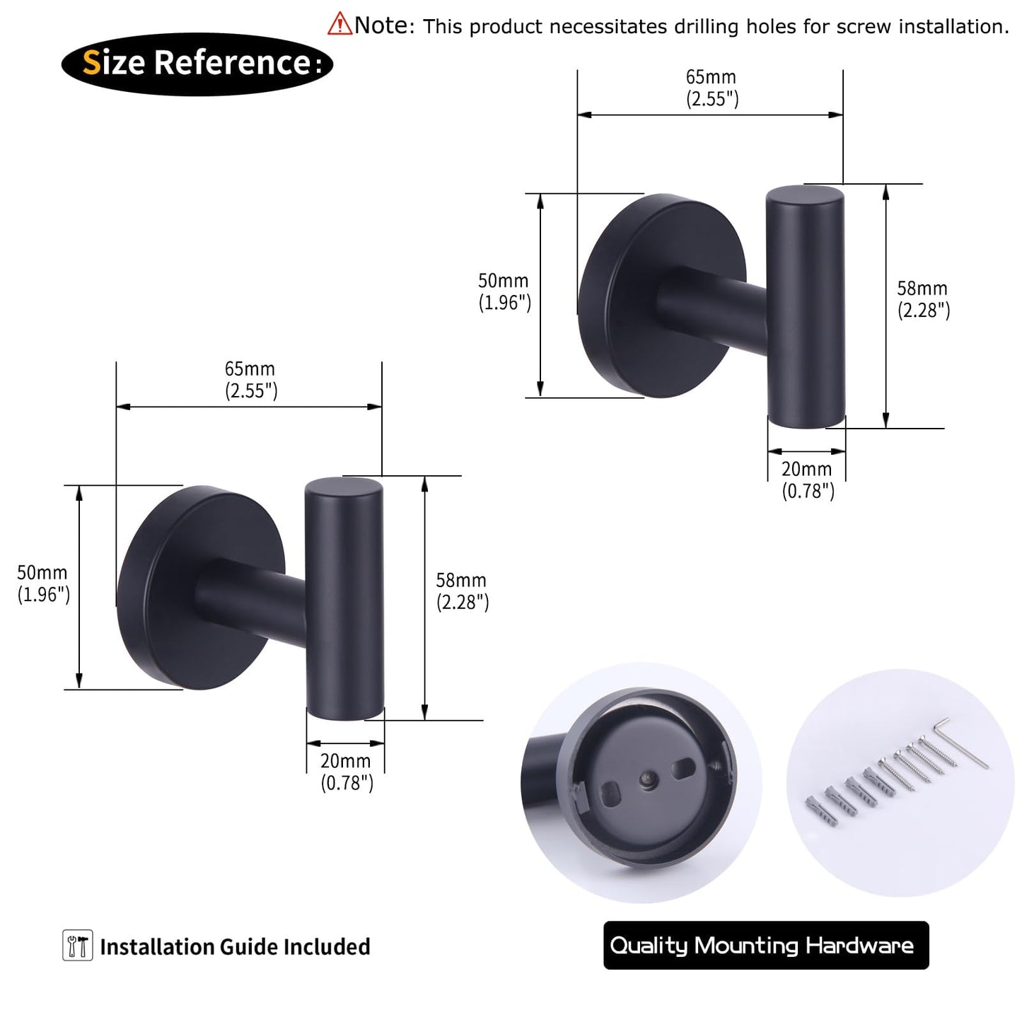 GERZWY Bathroom Matte Black Coat Hook SUS 304 Stainless Steel Single Towel/Robe Clothes Hook for Bath Kitchen Contemporary Hotel Style Wall Mounted 2 Pack AG1107B-BK