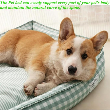 Orthopedic Rectangle Dog Bed for Medium Small Dogs, Plaid Plush Modern Puppy Sofa Bed with Anti-Slip Bottom, Cute Calming Pet Bed(Red,Large)