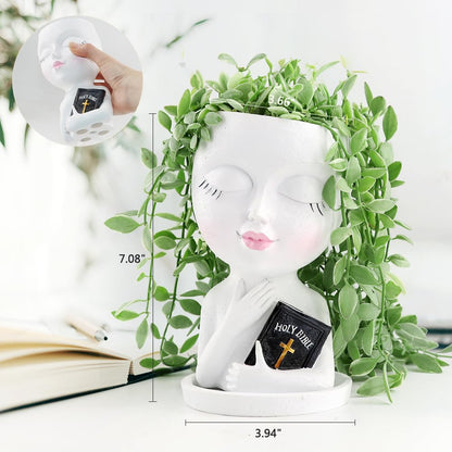 Meltset M Face Planters Pots Head for Indoor Outdoor Plant Unique Head Planter Holding Book Confessional Girl Face Flower Pot with Drainage for Succulent Cactus String Of Pearls Plant Gift Idea(White)