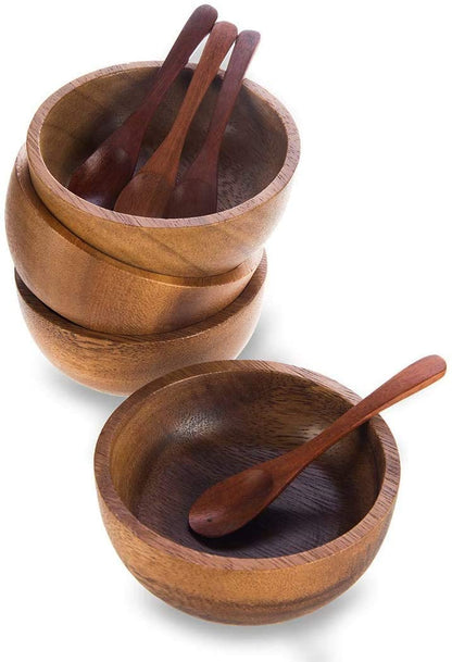 BestySuperStore Set of 4 Small Round Acacia Wooden Bowls 2¾ Inch Diameter 1½" High With Spoons - Stackable Mixing Bowl Salad Soup Snack Dip Sauce Charcuterie Wood Tableware Sets for Decor and Serving