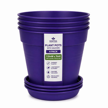 Mintra Garden Pots, 4 Pack Bulk Plastic Plant Pots with Drainage Tray, Round Indoor & Outdoor Decorative Planters with Drain Holes for Flowers, Herbs & Plants, 19cm Diameter – Purple, 7.5 in