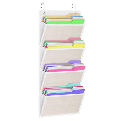 homyfort hanging wall file organizer, Over the door file folder organizer with 4 Large Bamboo Pockets, Suitable for Home, Office, Back to School Supplies Storage and Organization (White)