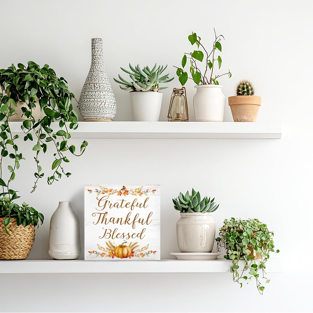 Sixrip Grateful Thankful Blessed Wooden Box Sign, Autumn Halloween Office Desk Decor for Coworker, Fall Pumpkin Wooden Box Sign Plaque for Home Shelf, Thanksgiving Birthday Gifts For Family Friend
