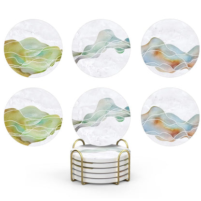 UMIRRO Ceramic Stone Coasters for Drinks Absorbent with Holder | Agate Style Coasters Set with White Marble Texture Background | Cool Cup Mat with Geode Pattern | Unique Fancy Tabletop Protection Mat