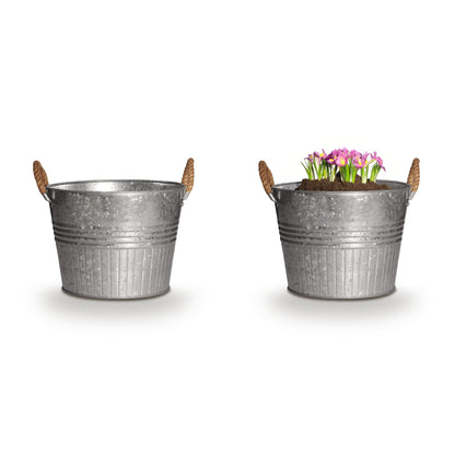 Headwind Decorative Planter - Round Galvanized Bucket w/Rope Handles – 10 Inch Metal Tub Bucket Planter for Outdoor Plants w/Drainage Hole – Galvanized Large Outdoor Planters Buckets by Robert Allen