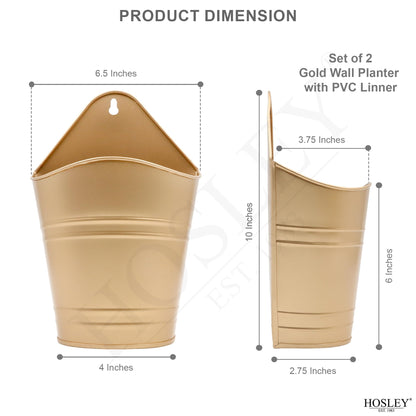 Hosley Set of 2 Gold Wall Planter with PVC Linner 6.25" L x 4" W x 10" H, Ideal Gift for Floral Arrangements Wedding Home Office Party DIY Indoor Outdoor Garden Patio