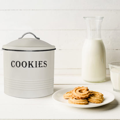 Blue Donuts Vintage Cookie Jar - Airtight Counter Cookie Container, Ivory Tin with Lid for Gift Giving, Large Capacity