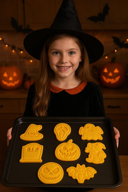 3D Halloween Cookie Cutters, 8 Pieces Halloween Cookie Cutters and Stamps, Cookie Mold Set Including Pumpkin, Ghost, Bat, Tombstone, etc., for Boys and Girls for All-Purpose Crafting (Halloween)