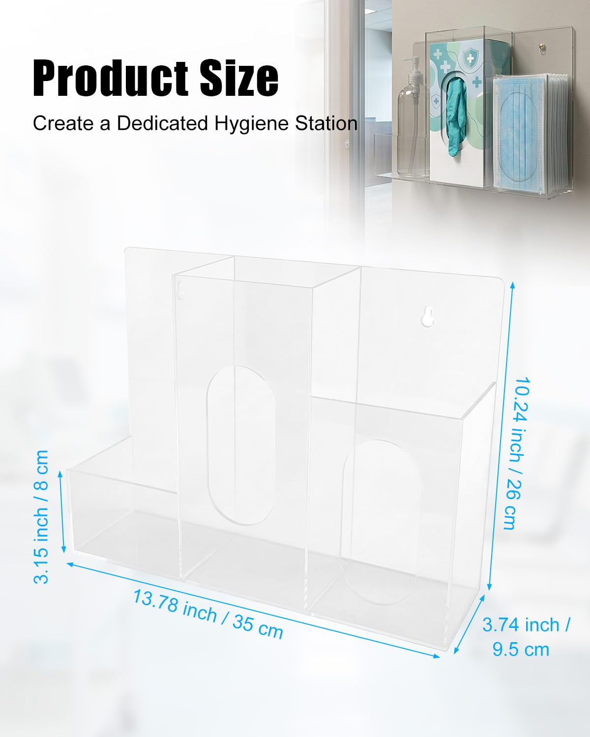 Triple Hygiene Dispenser Station, Clear Acrylic 3-Compartment PPE Organizer for Masks, Gloves & Hand Sanitizer, Wall Mount or Tabletop Hygiene Supply Holder for Office, Clinic, Restaurant, School