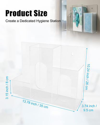 Triple Hygiene Dispenser Station, Clear Acrylic 3-Compartment PPE Organizer for Masks, Gloves & Hand Sanitizer, Wall Mount or Tabletop Hygiene Supply Holder for Office, Clinic, Restaurant, School
