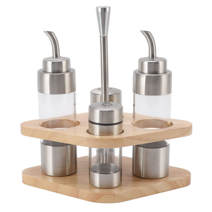 4-Pack Stainless Steel Kitchen Dispenser Set with Wooden Holder - Precision Olive Oil, Vinegar, Salt & Pepper Bottles for Home & Restaurants