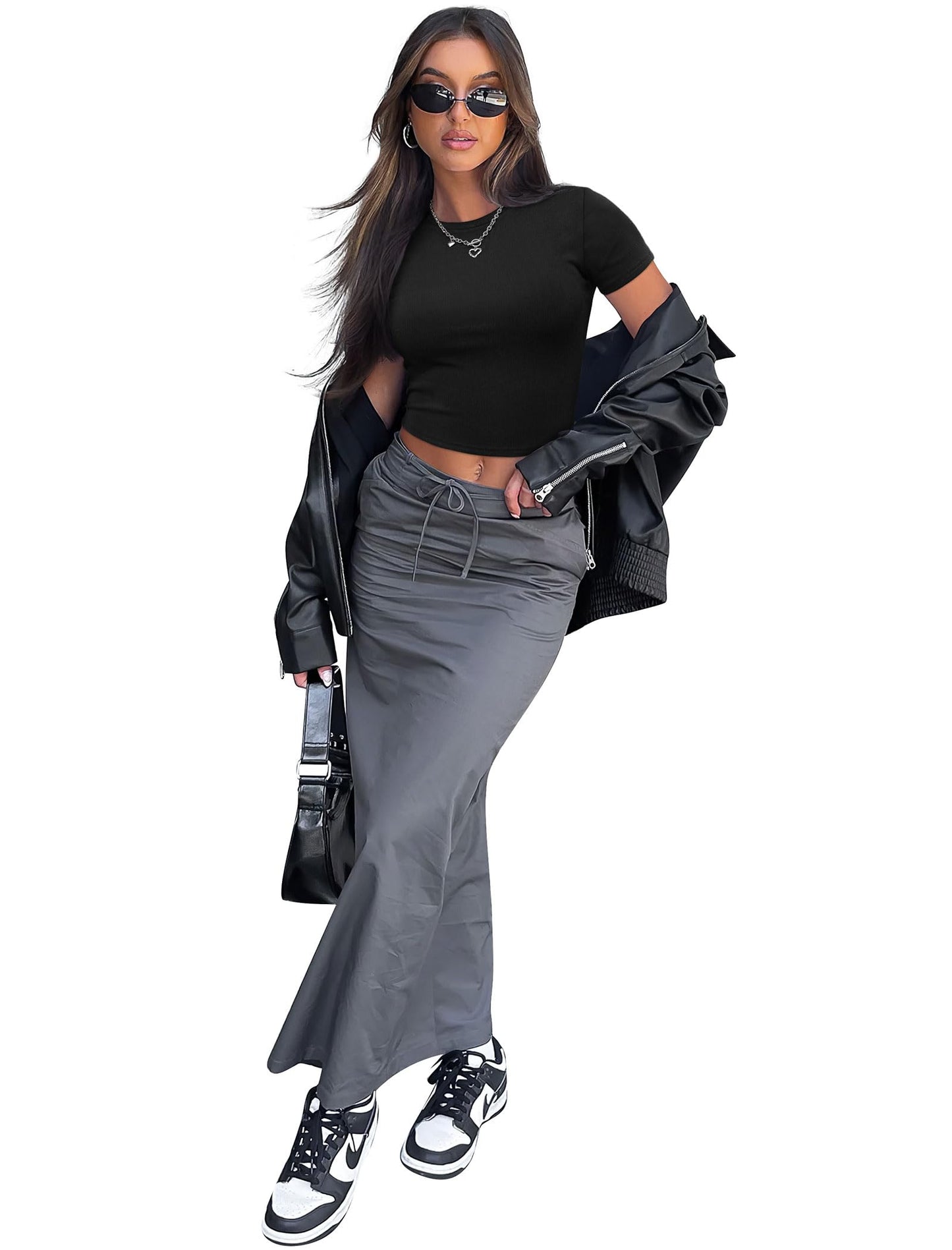 SAMPEEL Plain T Shirts for Women Compression Shirts Slim Fit Basic Tops Black 2XL
