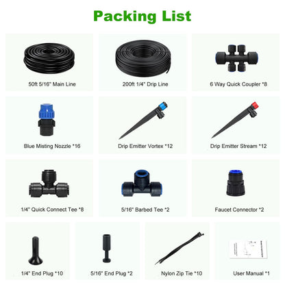 250FT Drip Irrigation System Kit New Quick-Connect, Automatic Garden Watering Misting System for Greenhouse, Yard, Lawn, Plant with 5/16 inch Hose 1/4 inch Distribution Tubing and Accessories