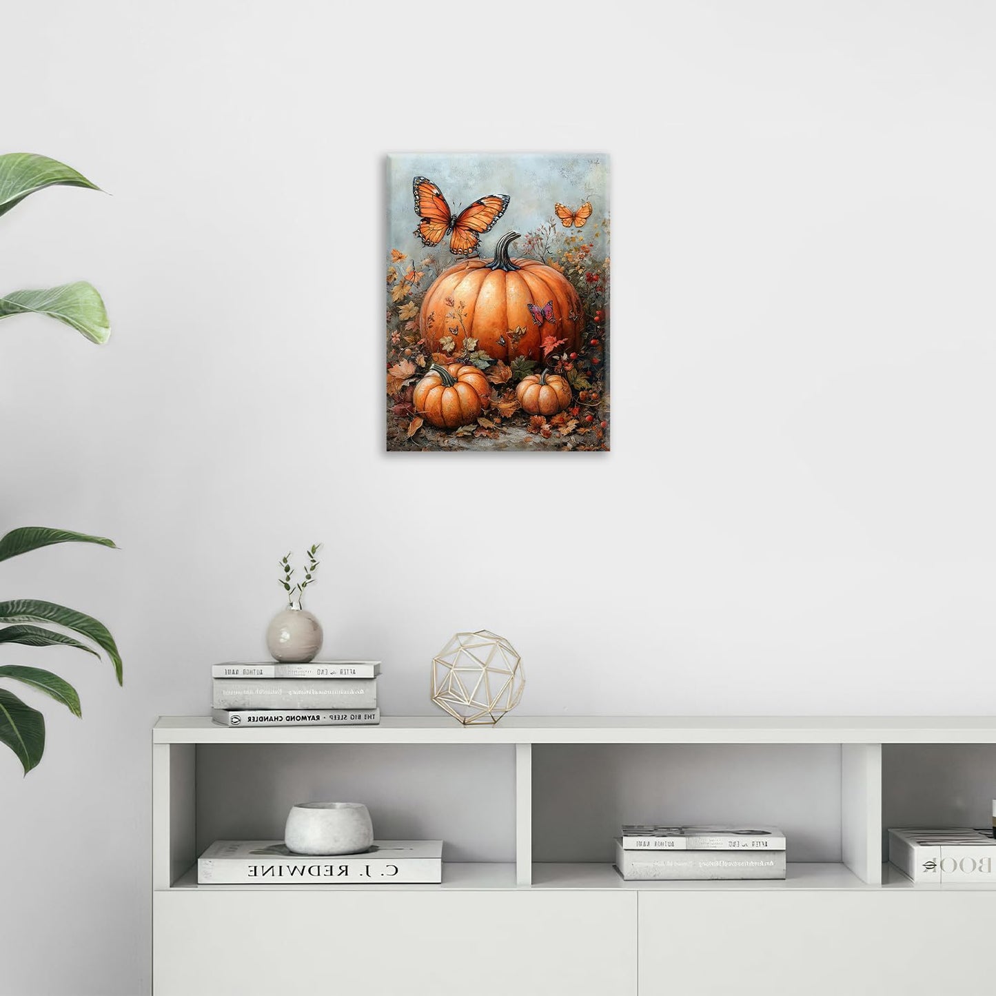 Fall Pumpkin Pictures Wall Art, Rustic Thanksgiving Bathroom Wall Decor, Farmhouse Autumn Butterfly Framed Painting Canvas Artwork for Harvest Gift Bedroom Living Room Decorations 16" L x 12" W