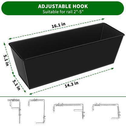 Holensun Railing Planter for Outdoor Plants 16 Inch Metal Rectangular Window Boxes with Adjustable Brackets and Drainage Hanging Flower Pots for Balcony Deck Railings Apartment Patio Decor Black(4PCS)