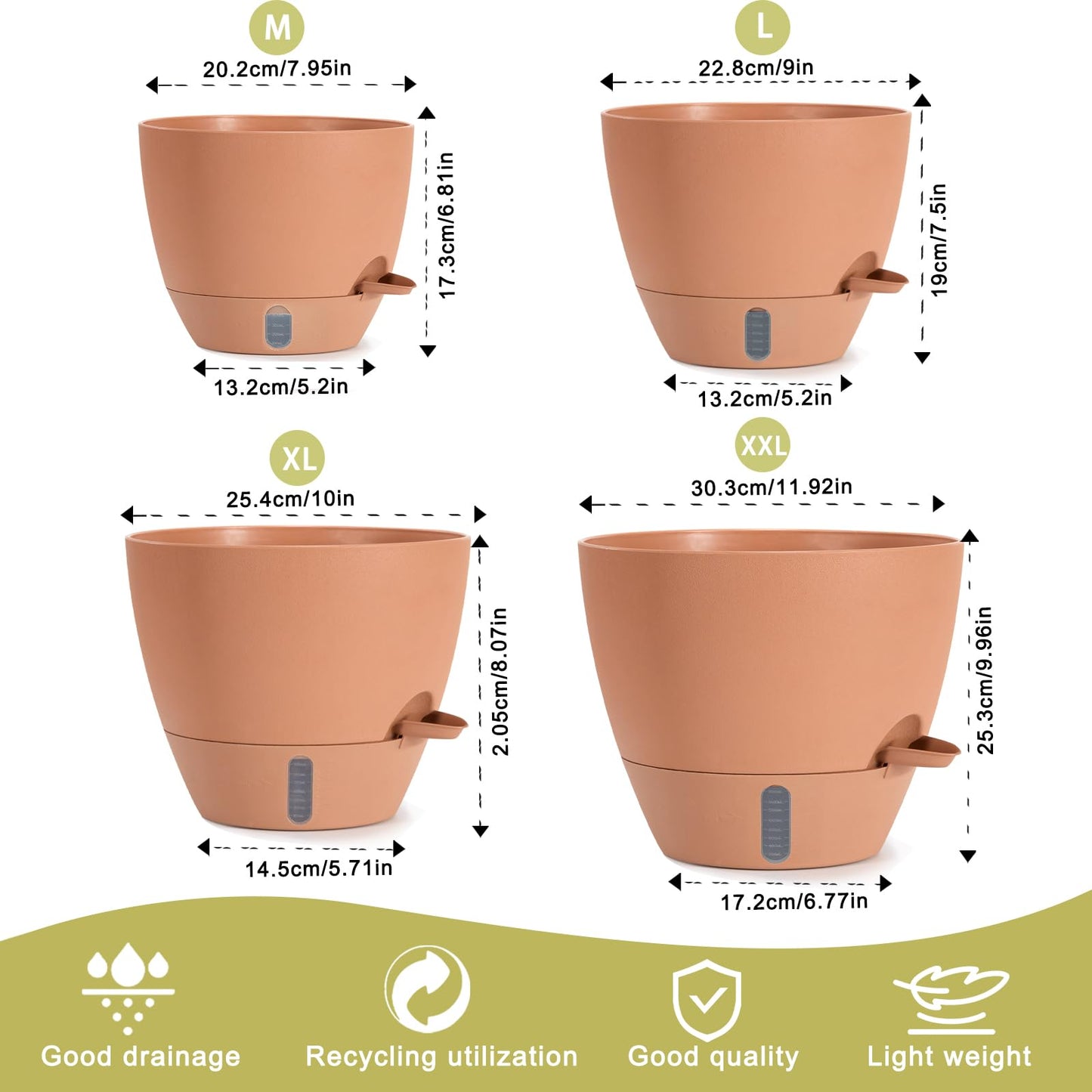 YUNLINGAA 4 Pack Plant Pots,12/10/9/8/ Inch Self Watering Pots for Indoor/Outdoor Plants Deep Reservoir,Nursery Planting Pot for Indoor Out Door Plants (Terracotta,12/10/9/8/ Inch)