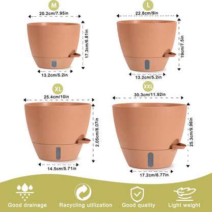 YUNLINGAA 4 Pack Plant Pots,12/10/9/8/ Inch Self Watering Pots for Indoor/Outdoor Plants Deep Reservoir,Nursery Planting Pot for Indoor Out Door Plants (Terracotta,12/10/9/8/ Inch)