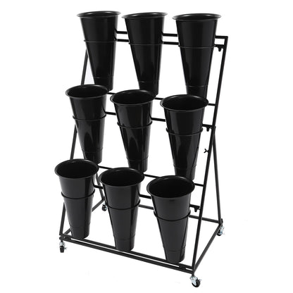CNCEST Flower Display Stand With 9PCS Buckets,3 Layers Metal Plant Stand with Wheels,Moving Plant Cart Shelf Indoor Outdoor Flower Rack for Home Patio Balcony (Black, 3 Tier,9PCS)