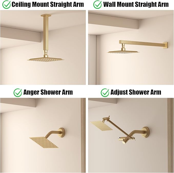 BESy 8 Inch Rain Shower Head, 8" Square Rainfall & High Pressure Stainless Steel Bath Showerhead, 1/16" Ultra Thin, Waterfall Full Body Coverage with Silicone Nozzle, Brushed Gold