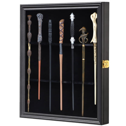 Grhonior 7 Wands Display case Universal Wizard Magic Wand Stand Wall Mount Lockable Wood magiquest Wand Vertical Hanging Holder Box Rack for Wand Collection