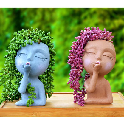 Face Planter, Head Planter, Women Faces Flower Pots, Plant Pots, Small Kissing Succulent Pots for Indoor Outdoor Plants, Cute Vase Home Decor, Brown
