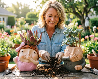 MOSYFEIBI Boy and Girl Planter Pot Set of 2, Whimsical Kids Planters for Indoor Outdoor Plants, Resin Succulent Pot with Drainage, Weather-Resistant Farmhouse Garden Decor (Boy and Girl)