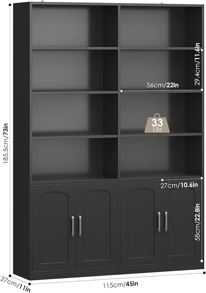 FACBOTALL Bookshelf and Bookcase with Doors, 6 Tier Double Wide Large Bookshelves, Open Display Shelves, 73'' Tall Bookshelf with Storage Cabinets for Home Office, Living Room, Library, Black