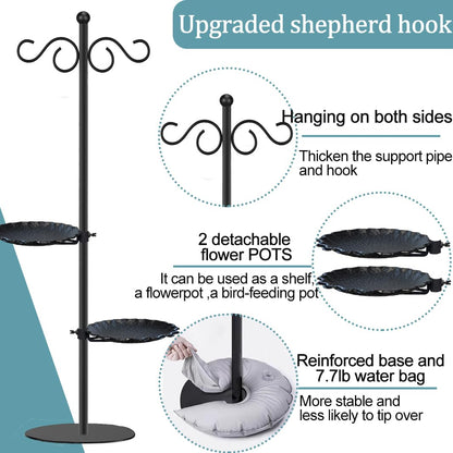 Upgraded 74" Shepherd's Hook for Bird Feeder，Floor Hanging Plant，Wind Chime Stand, Waterproof Metal & Adjustable-Height Standing Pole Holder for Lantern and Wreath, Indoor & Outdoor（2 Placement Racks)