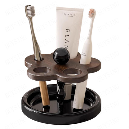 Wooden Toothbrush Holders for Bathroom – 5-Slot Natural Wood Countertop Organizer with Cute Flower Pattern Design,Family Size for Electric Toothbrushes, Toothpaste, Razors & Small Comb