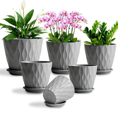 KEETUMOOD Plant Pots, Self Watering Planters with Drainage Holes and Trays, Flower Pots for Indoor Outdoor - 6 Pack(4/5/6/6.5/7/8 Inch) (Gray)