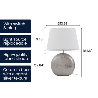 Lucande 19" Modern Ceramic Table Lamp, Silver Jar-Style Base with White Fabric Shade, Elegant Bedside Lamp for Nightstand or Living Room, E26 Base Bulb Not Included