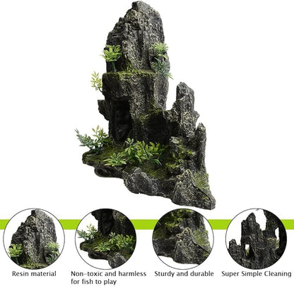 Saim Large Aquarium Mountain View Stone 11.02" Tall Resin Cave Ornament – Betta Hideout with Artificial Plants, for Cichlids Goldfish, Multi-Cave Aquascape Fish Tank Accessories