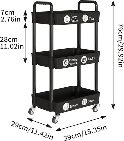 Laiensia 3-Tier Storage Carts,Multifunction Utility Rolling Cart Kitchen Storage Organizer,Mobile Shelving Unit Cart with Lockable Wheels for Bathroom,Laundry,Living Room,With Classified Sticker,Black