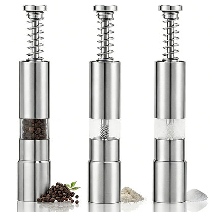 NEETUE 3PCS Stainless Steel Mini Pepper Grinder, Refillable Salt and Pepper Grinder Set with Push Button, Manual Peppercorn Grinding Tools for Sea Salt and Spice