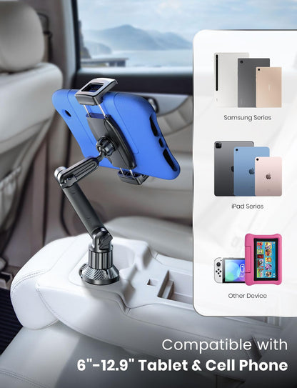 eSamcore Tablet Holder for Car, for iPad Stand Cup Holder Car Mount with 1.57" Depth Large Clamp 15" Height Adjustable Tab Mount Holder for 6"-12.9" Cell Phone iPhone Travel iPad Accessories