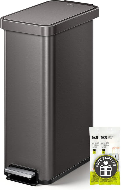 EKO Hudson Slim Trash Can with Lid, 13 Gal Stainless Steel, Gunmetal Gray | Kitchen, step pedal, soft close lid, stay-open frame, secure liner ring, rear handle