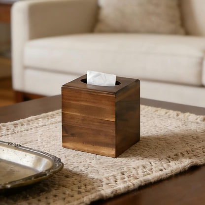 KALEKAIL Wood Tissue Box Cover， Acacia Wood Tissue Box Cover Square, Decorative Cube Facial Wooden Tissue Box Holder with Slide-Out Bottom for Bathroom, Bedroom, Dinner Table, Office, Kitchen