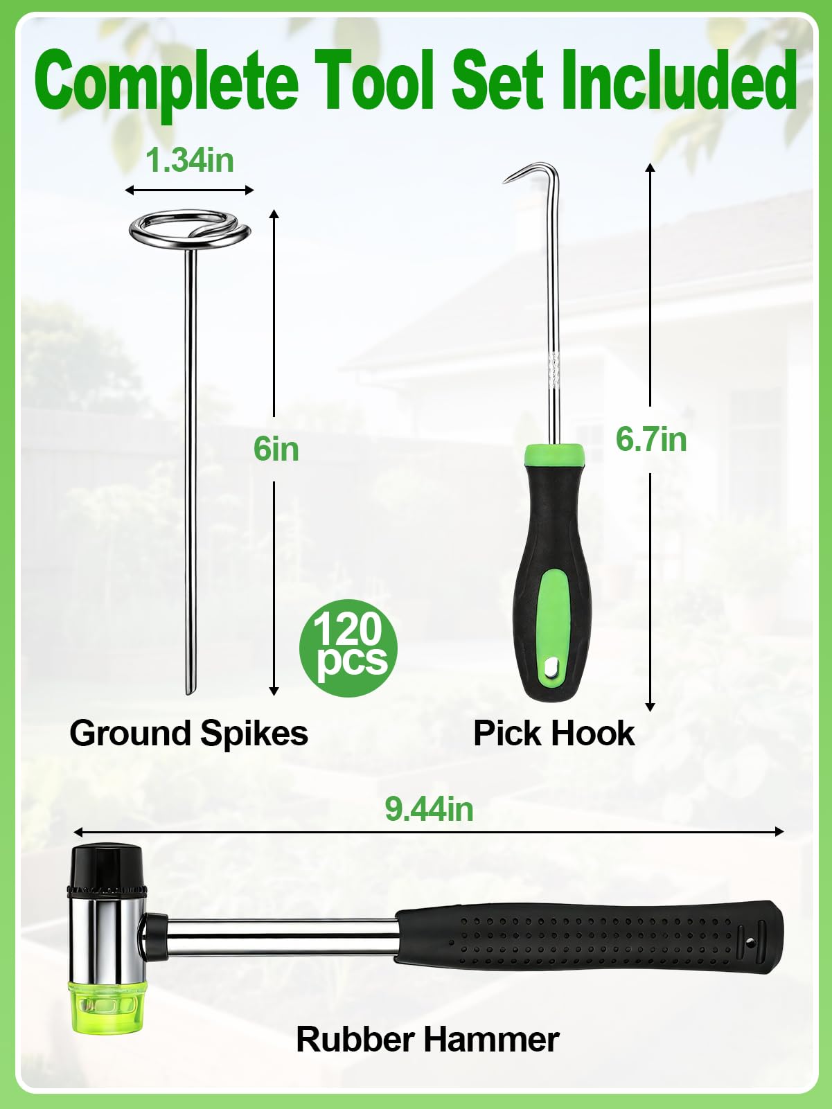 6 Inch Landscape Staples with Hook & Hammer - 120pcs Circle Top Weed Barrier Stakes Kit, 9 Gauge Galvanized Rust-Resistant Garden Fabric Pins, for SOD, Garden Edging, Install & Remove Tools Included