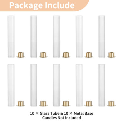 NUPTIO Hurricane Candle Holder for Centerpiece: Set of 10 Metal Taper Candle Holders with Fluted Glass Cylinders - Gold Candlestick Holders Bulk for Outdoor Party Dinner Wedding Table Decoration