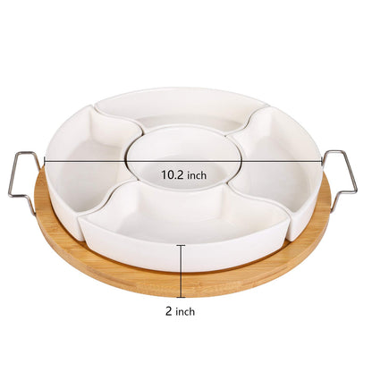 yarlung Ceramic Divided Serving Dishes Platter with Clear Lid, 11 Inch Bamboo Appetizer Tray with Handles 5 Removable Snacks Bowls Relish Tray for Candy and Nut, Chips and Dips, Veggies