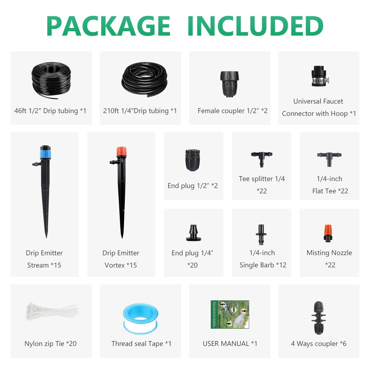 256FT Drip Irrigation System Kit, 163PCS Automatic Garden Watering Misting System with 1/4" Distribution & 1/2" Hose Tubing and Accessories for Greenhouse, Yard, Lawn, Plant
