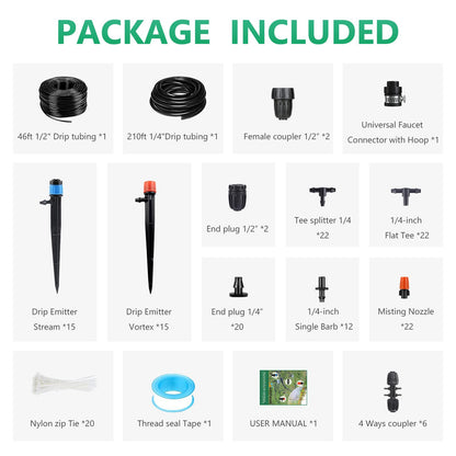 256FT Drip Irrigation System Kit, 163PCS Automatic Garden Watering Misting System with 1/4" Distribution & 1/2" Hose Tubing and Accessories for Greenhouse, Yard, Lawn, Plant