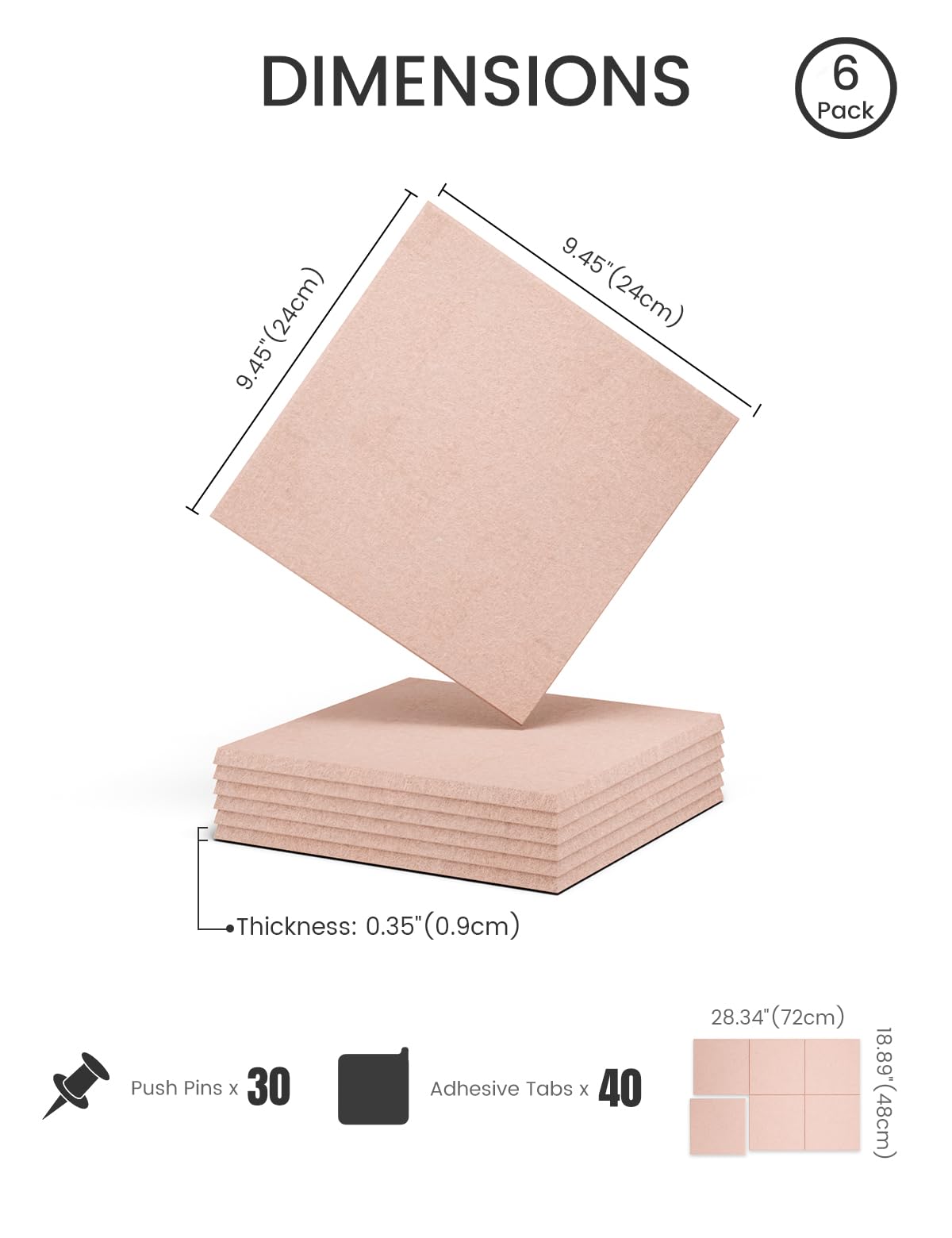 Felt Bulletin Board Tiles -28"x18" Cork Board Alternative for Office Decor, Push Pin Board Wall Organizer 6-Pack - Pink