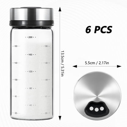 6 Pack Glass Spice Jars, 7 oz Salt and Pepper Shakers with Adjustable Pour Holes - for Seasonings, Herbs, Powders, Glitters