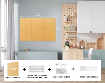 G Gamit Felt Wall Tiles Bulletin Board Large Cork Board Alternative 6 Pack 11.81”x11.81”x0.47” Felt Pin Board Tack Board with Safe Removable Adhesive Tabs for Home Office School 36x24 (Bright Tan)