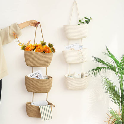 TeoKJ Over the Door Hanging Basket, 3-Tier Woven Cotton Wall-Mounted Storage Organizer Bag Decorative Hanging Nursery Baskets, Jute