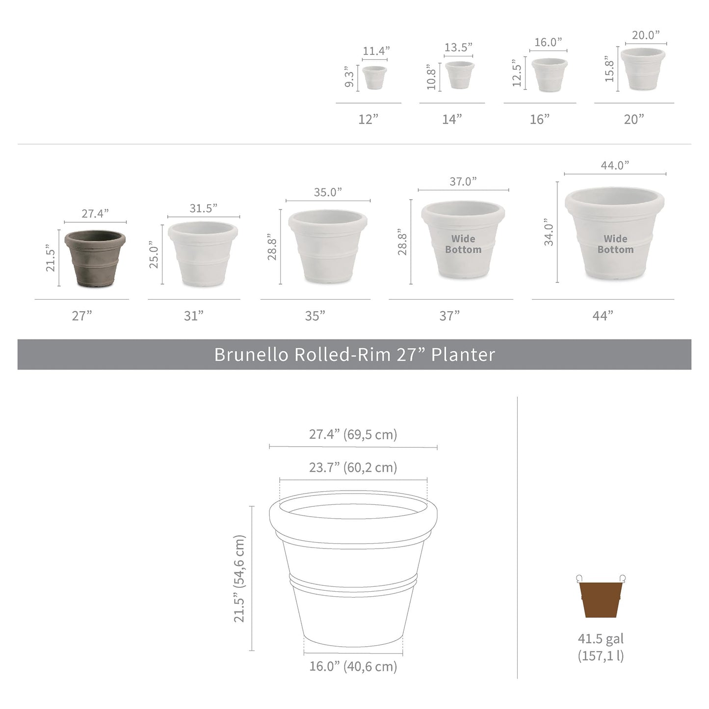 Crescent Garden Brunello Classic Rolled Rim Planter, Indoor/Outdoor Weather-Safe Round Plant Pot, Large Plastic Flowerpot for Flowers, Faux Plants, Trees - 27'' W (Terracotta Color)