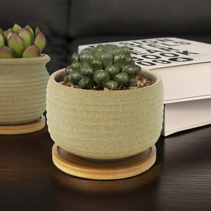 MUZHI Rustic Small Plant Bonsai Pot with Bamboo Tray Set of 4, Unglazed Ceramic Cactus Planter Pot Indoor with Drainage Hole 4Inch 5Inch
